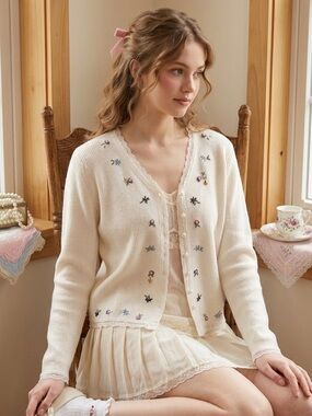 VNTG Maurice’s Small Coquette Ribbed Floral Embroidered Cardigan Dainty Romantic
